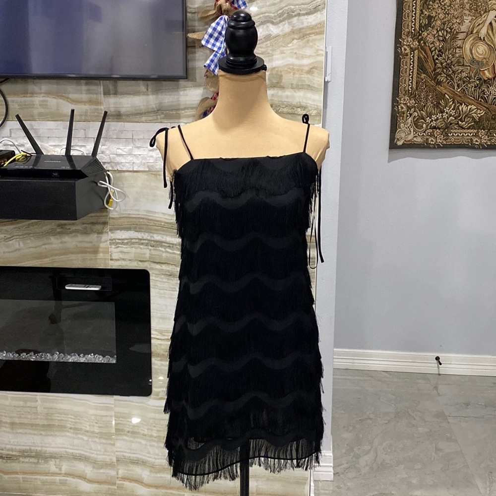 Zara black XS fringe mini dress. Spaghetti strap. Tie straps.